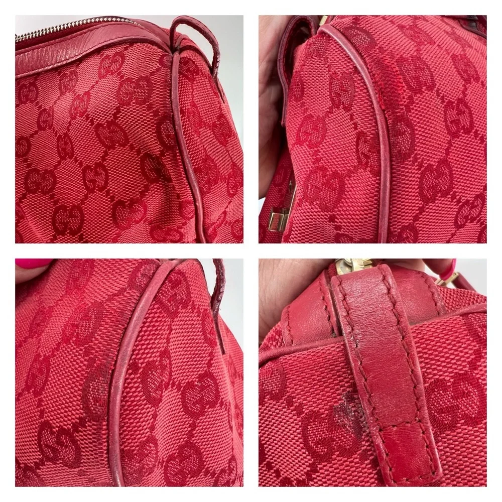 GUCCI GG Canvas Boston Bag, Red Jacquard Fabric, Red Leather Trim, Authentic
